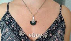 Old Art Deco Solid Silver Onyx Marcasite Necklace