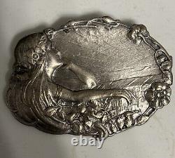 Old Art Nouveau Solid Silver Brooch Woman at the Window