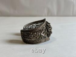Old Berber filigree solid silver cuff bracelet, weight 51 g