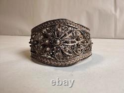 Old Berber filigree solid silver cuff bracelet, weight 51 g