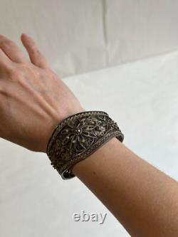 Old Berber filigree solid silver cuff bracelet, weight 51 g