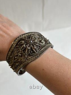 Old Berber filigree solid silver cuff bracelet, weight 51 g