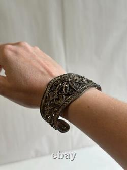 Old Berber filigree solid silver cuff bracelet, weight 51 g