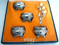 Old Boxed Set of 4 Salt Cellars, Solid Silver Salt Shakers, Crystal, Louis XV, Rocaille