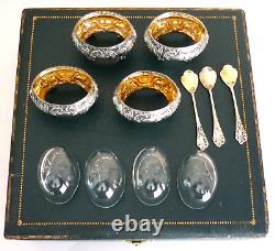 Old Boxed Set of 4 Salt Cellars, Solid Silver Salt Shakers, Crystal, Louis XV, Rocaille
