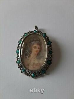 Old Brooch Or Massive Silver Pendant, Young Woman Painting