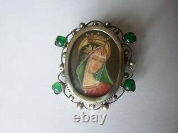 Old Brooch Or Pendant In Solid Silver, Painting, Holy Virgin Mary