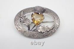 Old Brooch With Thistle In Solid Silver And Citrine 19th English Poinçon