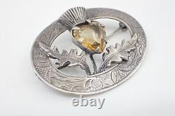 Old Brooch With Thistle In Solid Silver And Citrine 19th English Poinçon