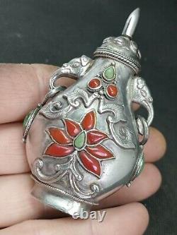 Old Chinese Tabatière Snuff Bottle Tibet Solid Silver Corail Punch