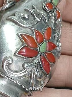 Old Chinese Tabatière Snuff Bottle Tibet Solid Silver Corail Punch