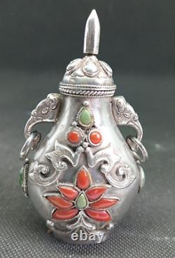 Old Chinese Tabatière Snuff Bottle Tibet Solid Silver Corail Punch