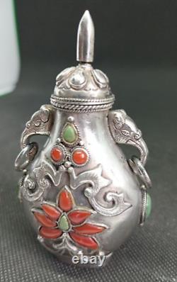 Old Chinese Tabatière Snuff Bottle Tibet Solid Silver Corail Punch
