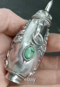 Old Chinese Tabatière Snuff Bottle Tibet Solid Silver Corail Punch