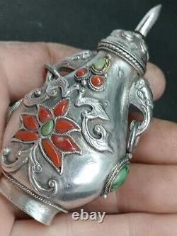 Old Chinese Tabatière Snuff Bottle Tibet Solid Silver Corail Punch