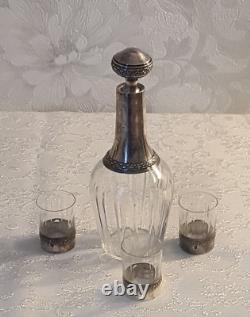 Old Crystal Decanter in Solid Silver with 3 Crystal Glasses