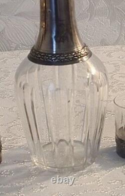 Old Crystal Decanter in Solid Silver with 3 Crystal Glasses