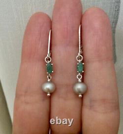 Old Emerald Silver Earrings And Natural Grey Pearl