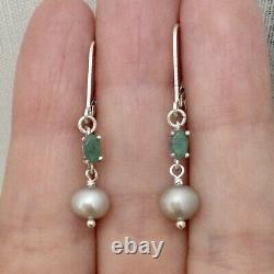 Old Emerald Silver Earrings And Natural Grey Pearl