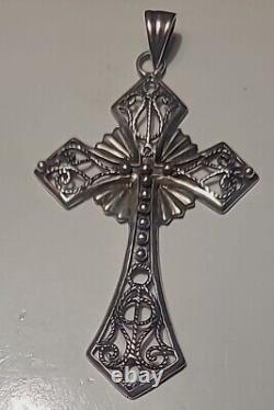 Old Filigree Solid 925 Sterling Silver Pendant Cross #lu# D1