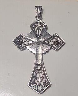 Old Filigree Solid 925 Sterling Silver Pendant Cross #lu# D1