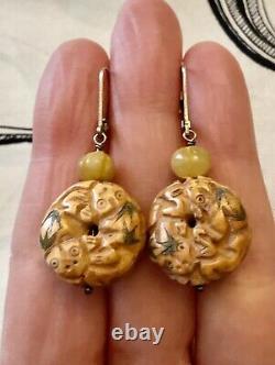 Old Hand-Carved Earrings, Yellow Jade, Solid Silver
