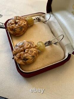 Old Hand-Carved Earrings, Yellow Jade, Solid Silver