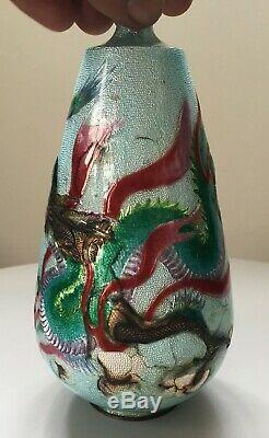 Old Japanese Vase Sterling Silver Enamelled Cloisonné Dragon 18cm Japanese