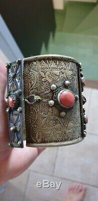 Old Kabyle Berbere Anklet Bracelet In Silver And Red Coral 200 Grs