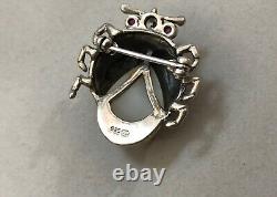 Old Ladybug Brooch Solid Silver 925 Marcassites Mother Of Pearl & Stones Insect