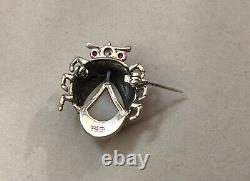 Old Ladybug Brooch Solid Silver 925 Marcassites Mother Of Pearl & Stones Insect