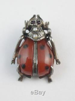 Old Ladybug Gem Miniature Sterling Silver Opaline Art Nouveau