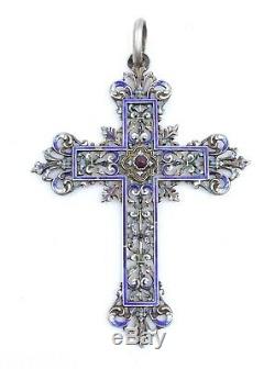 Old, Large Cross In Silver And Garnet Email XIX Lily