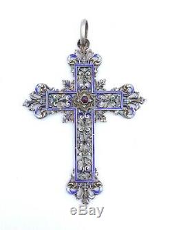 Old, Large Cross In Silver And Garnet Email XIX Lily
