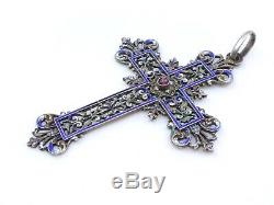 Old, Large Cross In Silver And Garnet Email XIX Lily