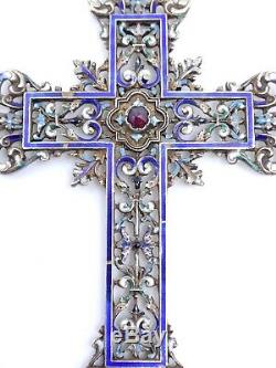 Old, Large Cross In Silver And Garnet Email XIX Lily