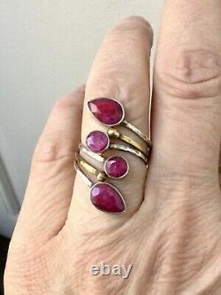 Old Large Ring True Ruby, Vermeil And Silver Massif