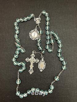 Old Large Rosary with Crystal Faceted Stones and Solid Silver