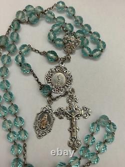 Old Large Rosary with Crystal Faceted Stones and Solid Silver