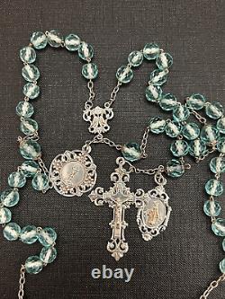 Old Large Rosary with Crystal Faceted Stones and Solid Silver