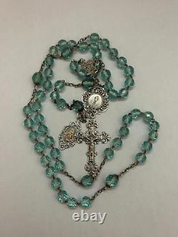 Old Large Rosary with Crystal Faceted Stones and Solid Silver