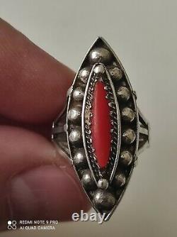 Old Marquise Ring In Solid Silver And Coral