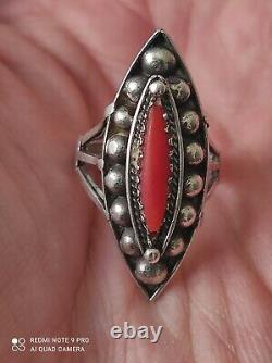 Old Marquise Ring In Solid Silver And Coral