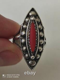 Old Marquise Ring In Solid Silver And Coral