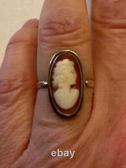 Old Marquise Ring Solid Silver Genuine Cameo Art Deco Size 54