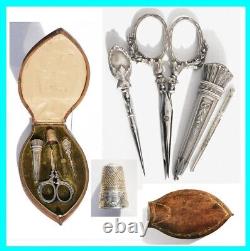 Old Necessary Sewing Set Argent Scissors Scissors Scissors With Cover Case Roses