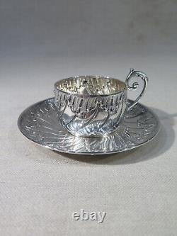 Old Pretty Small Solid Silver Moka Coffee Cup with Louis XV Style Saucer