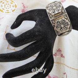 Old Rigid Bangle Bracelet in Solid Silver, Art Deco / Oriental Style