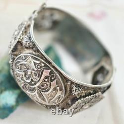 Old Rigid Bangle Bracelet in Solid Silver, Art Deco / Oriental Style