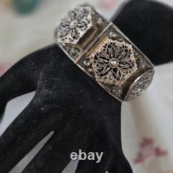 Old Rigid Bangle Bracelet in Solid Silver, Art Deco / Oriental Style